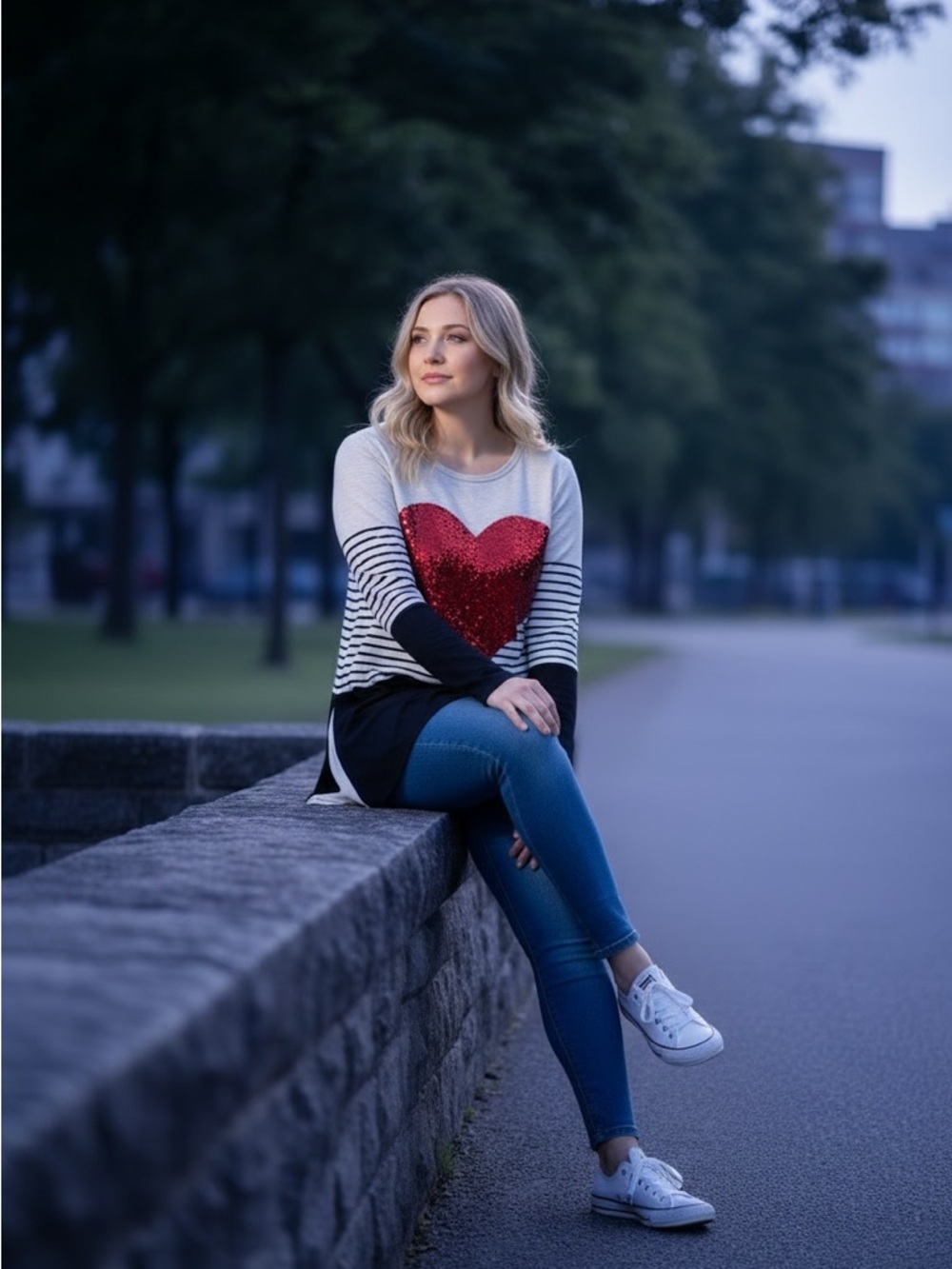 Sequin Heart Top Size Large | Statement Graphic Shirt | Cute Casual Sparkle Tee - Picture 5 of 5
